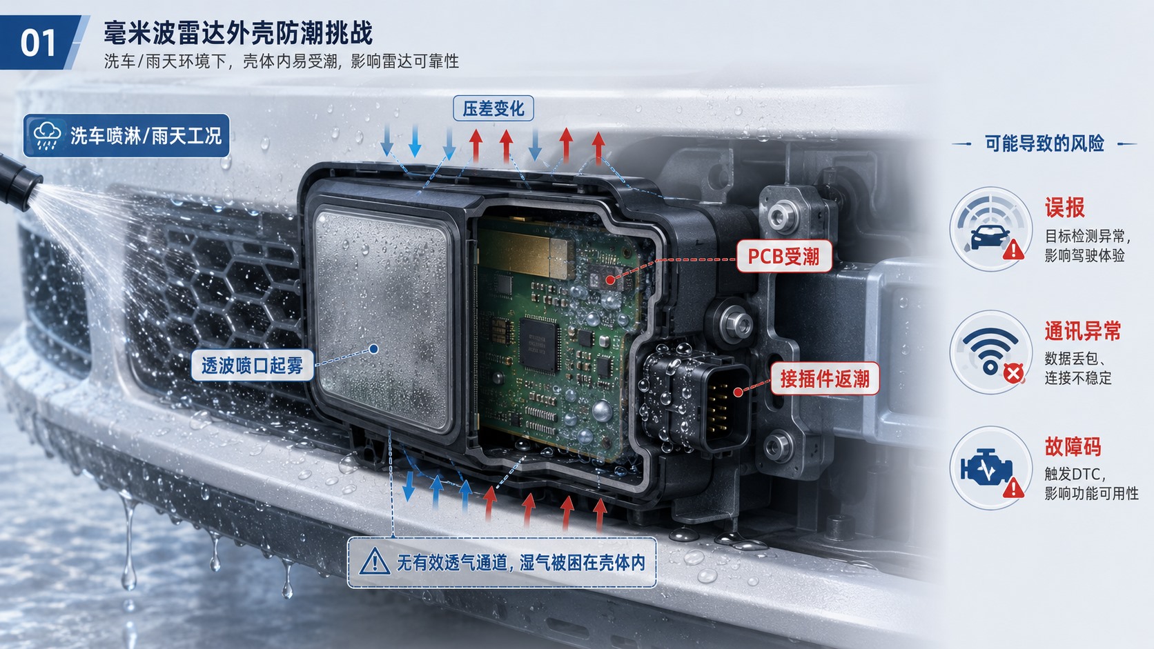 车载毫米波雷达外壳洗车雨天进潮、PCB受潮和接插件返潮风险示意