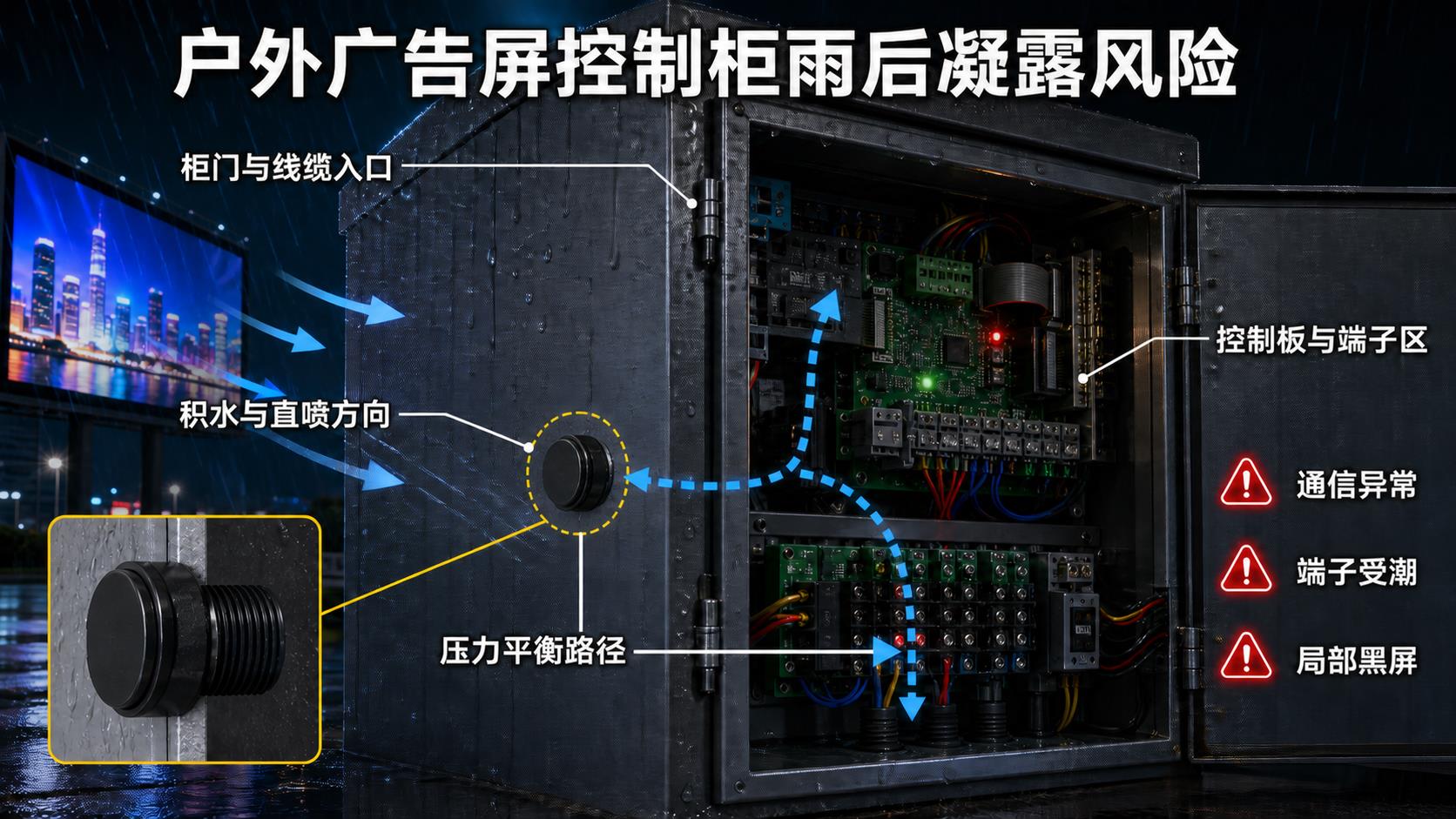 户外广告屏控制柜雨后进潮与凝露风险分析