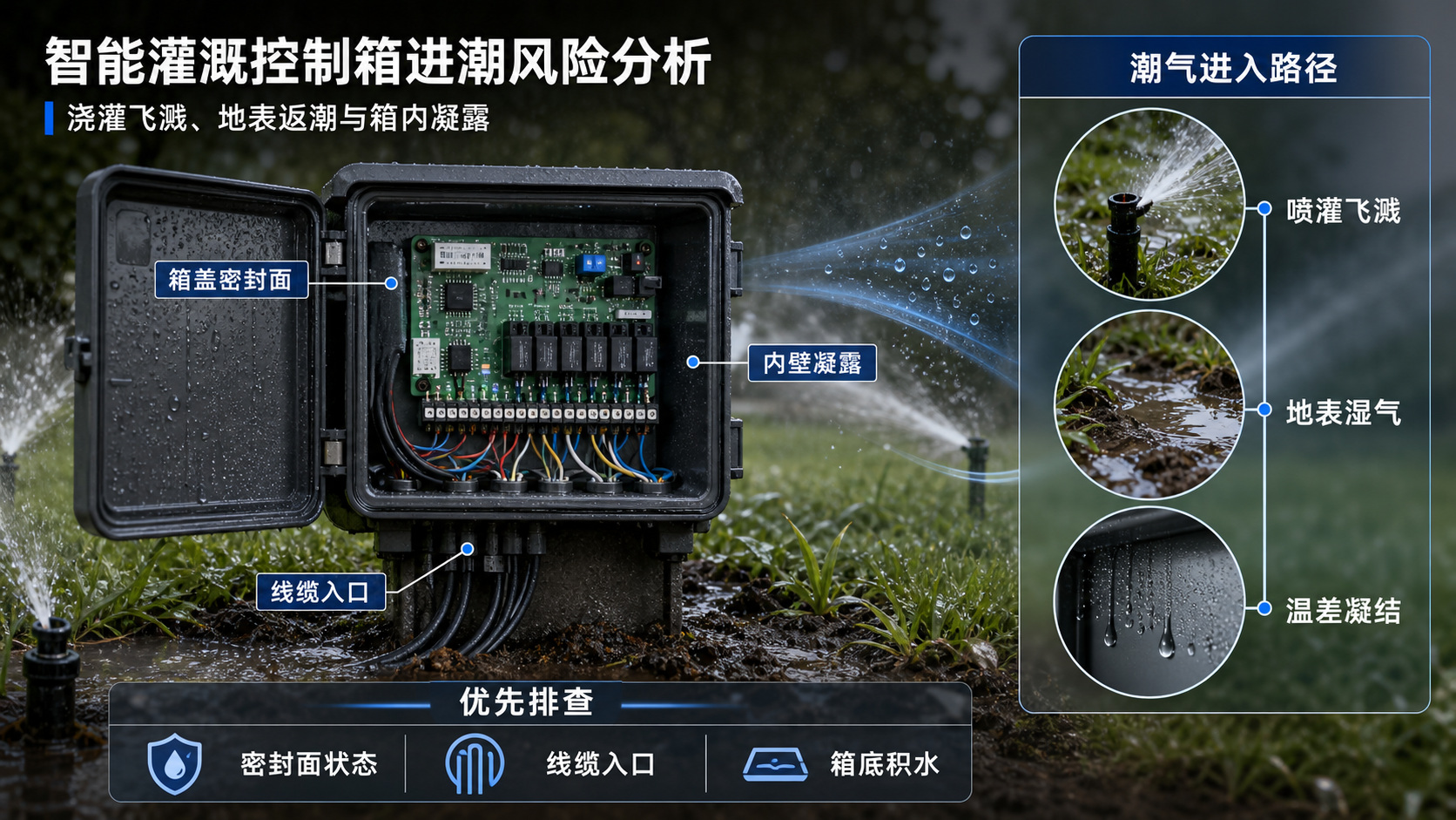 智能灌溉控制箱喷灌飞溅、地表返潮与凝露风险分析