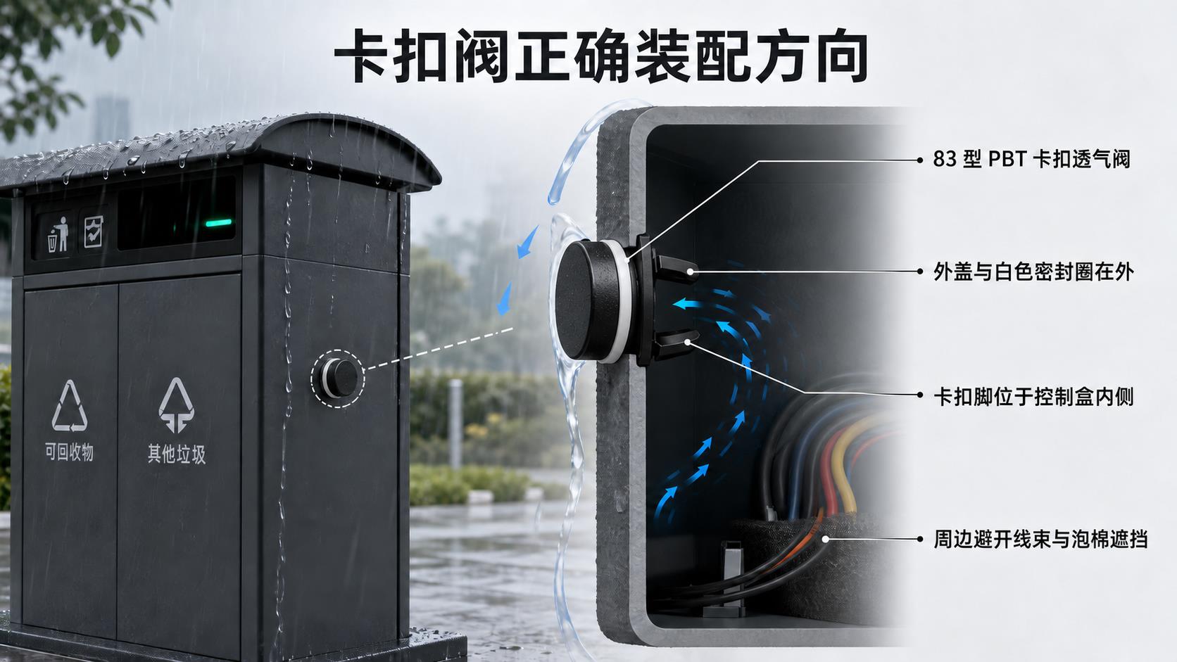 83型PBT卡扣透气阀用于智能垃圾箱控制盒