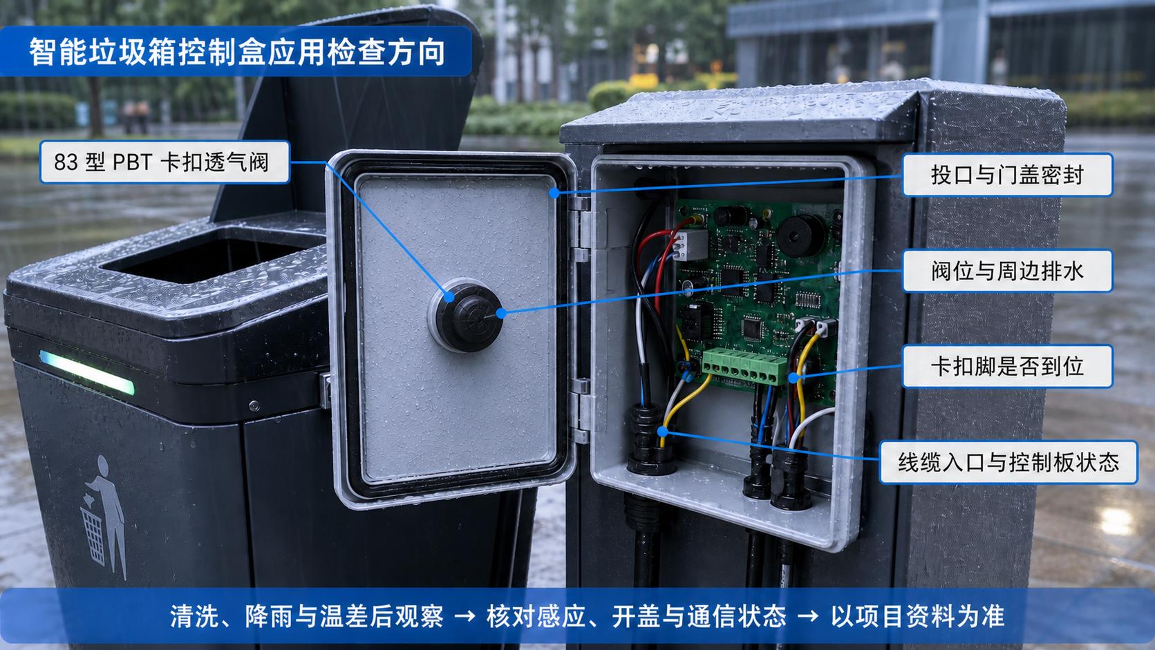 智能垃圾箱控制盒PBT卡扣透气阀装配与应用验证方向