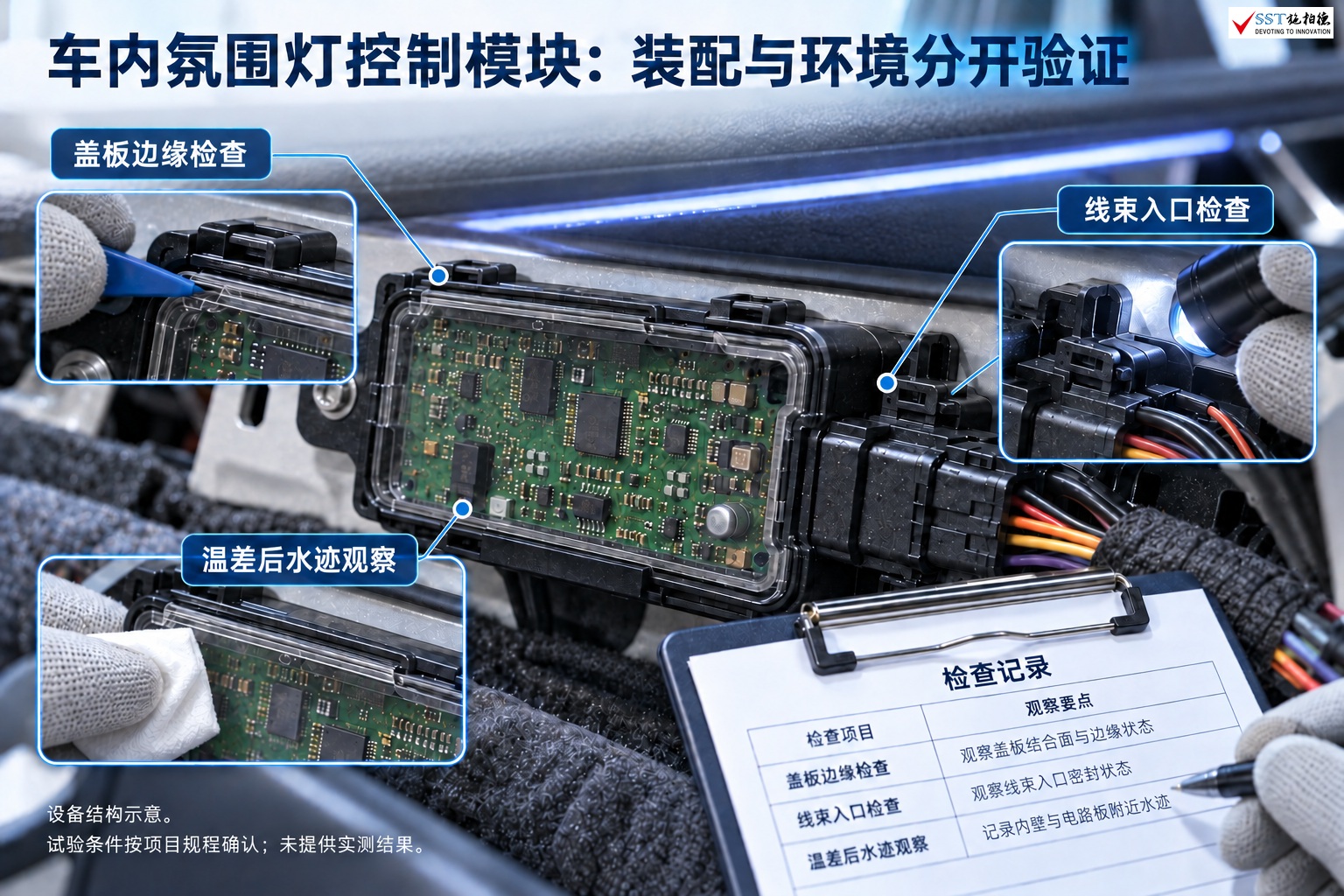 车内氛围灯控制模块:装配与环境观察检查示意