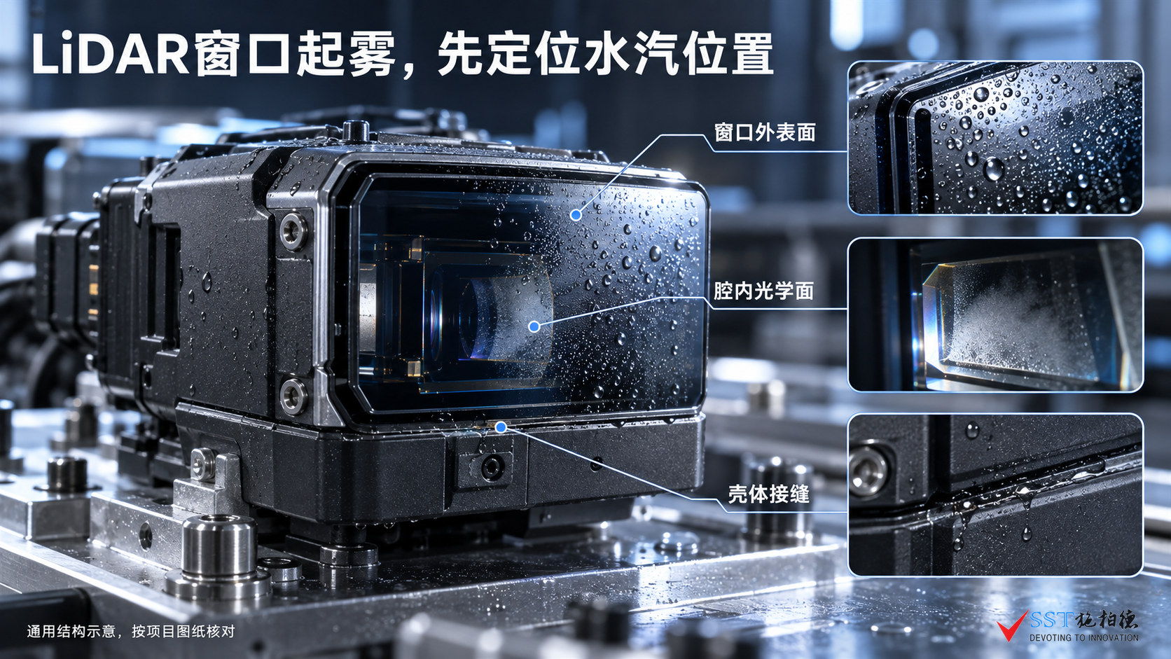 LiDAR窗口外侧、腔内光学面和壳体接缝的水汽线索