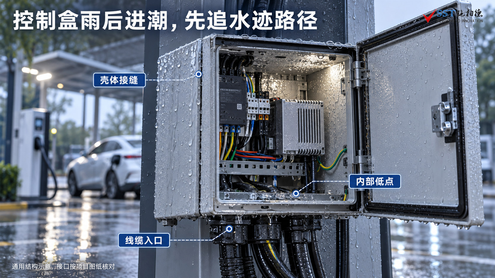 充电桩控制盒壳体接缝、内部低点和线缆入口水迹