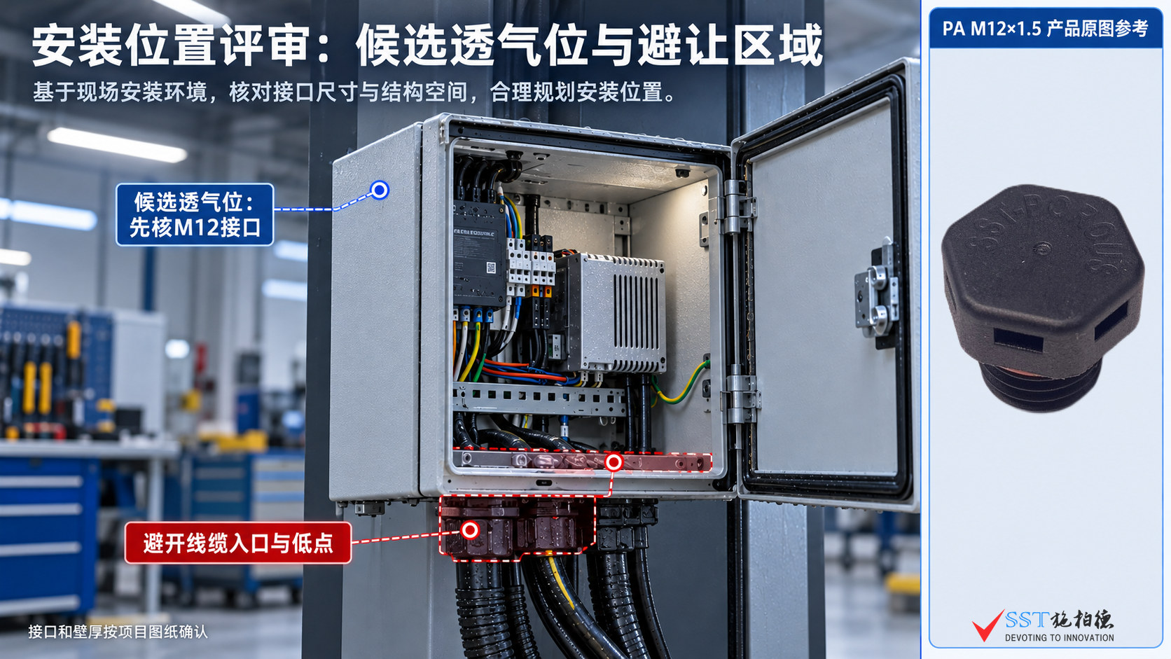 控制盒M12透气阀候选接口与线缆入口避让