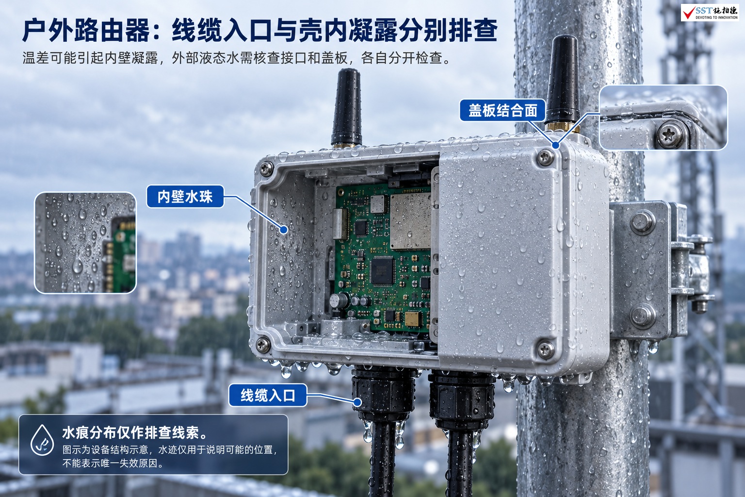 户外路由器:水迹来源与风险部位示意