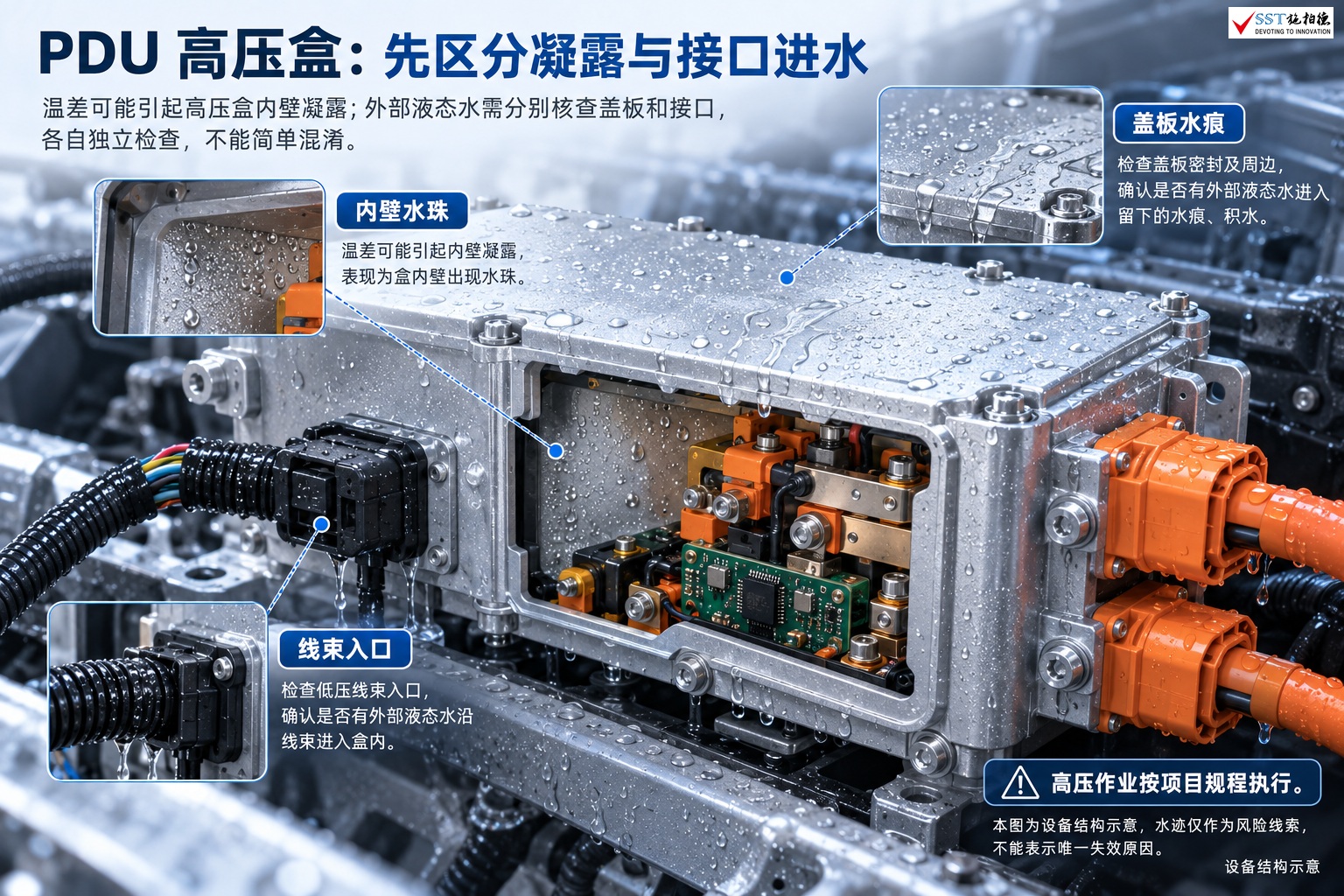 PDU 高压盒:水迹来源与风险部位示意