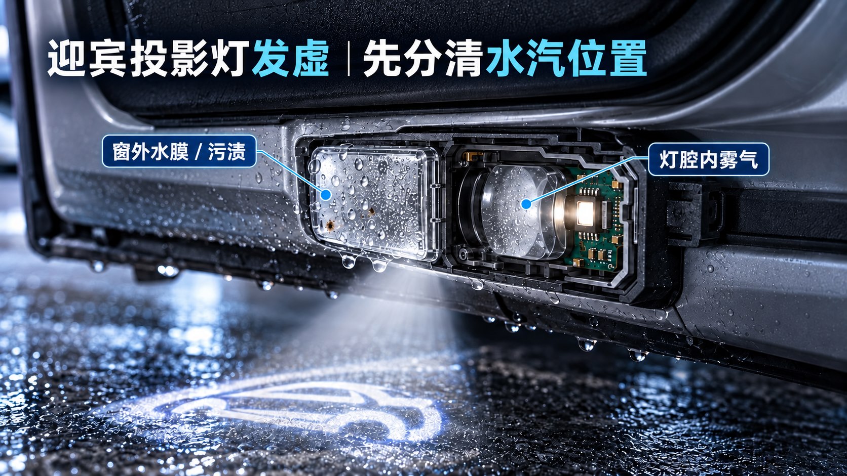 迎宾投影灯窗口外液水与灯腔内雾气排查线索