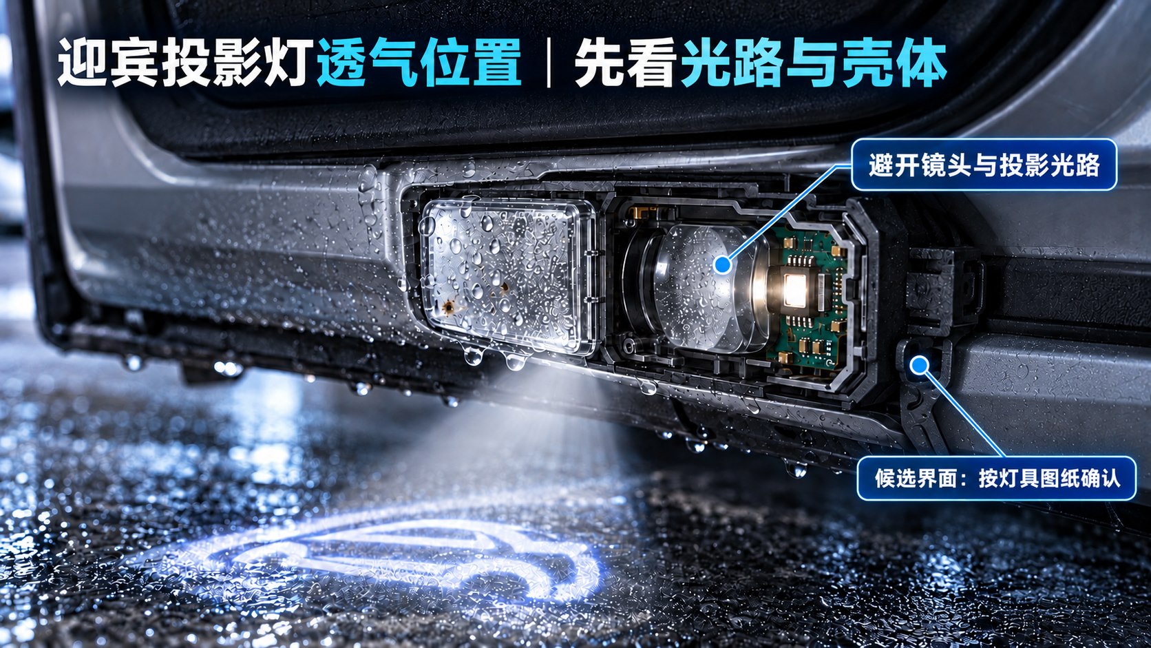 车门投影灯通气候选位置与光机光路避让场景