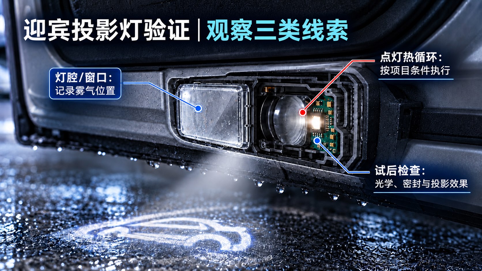 迎宾投影灯点灯、密封与光学状态检查场景