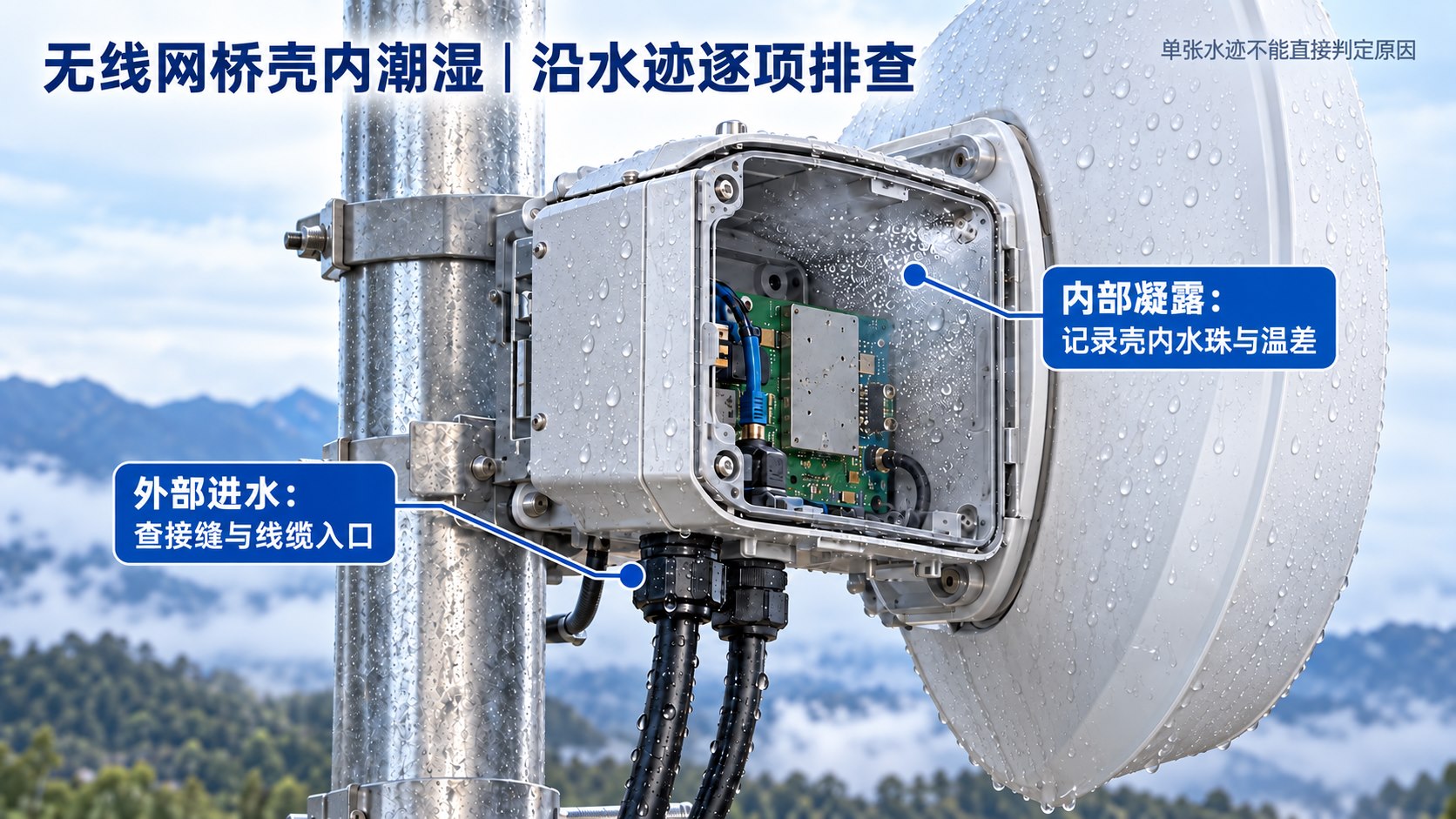 户外无线网桥雨水路径与壳内凝露排查线索