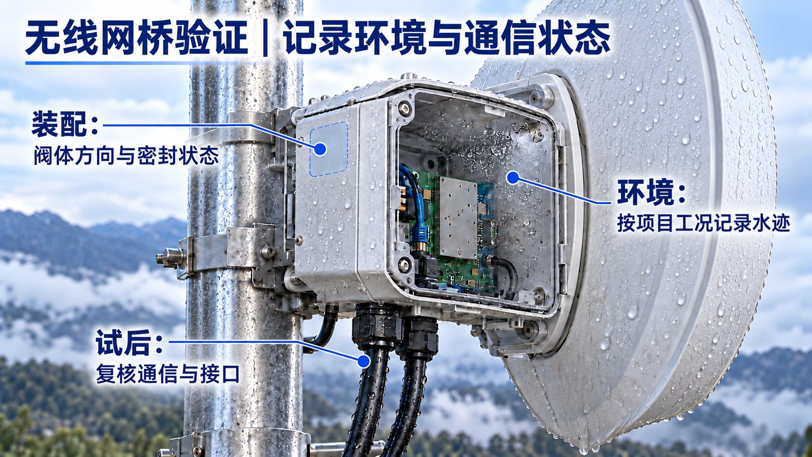无线网桥装配状态、环境观察与通信复核场景